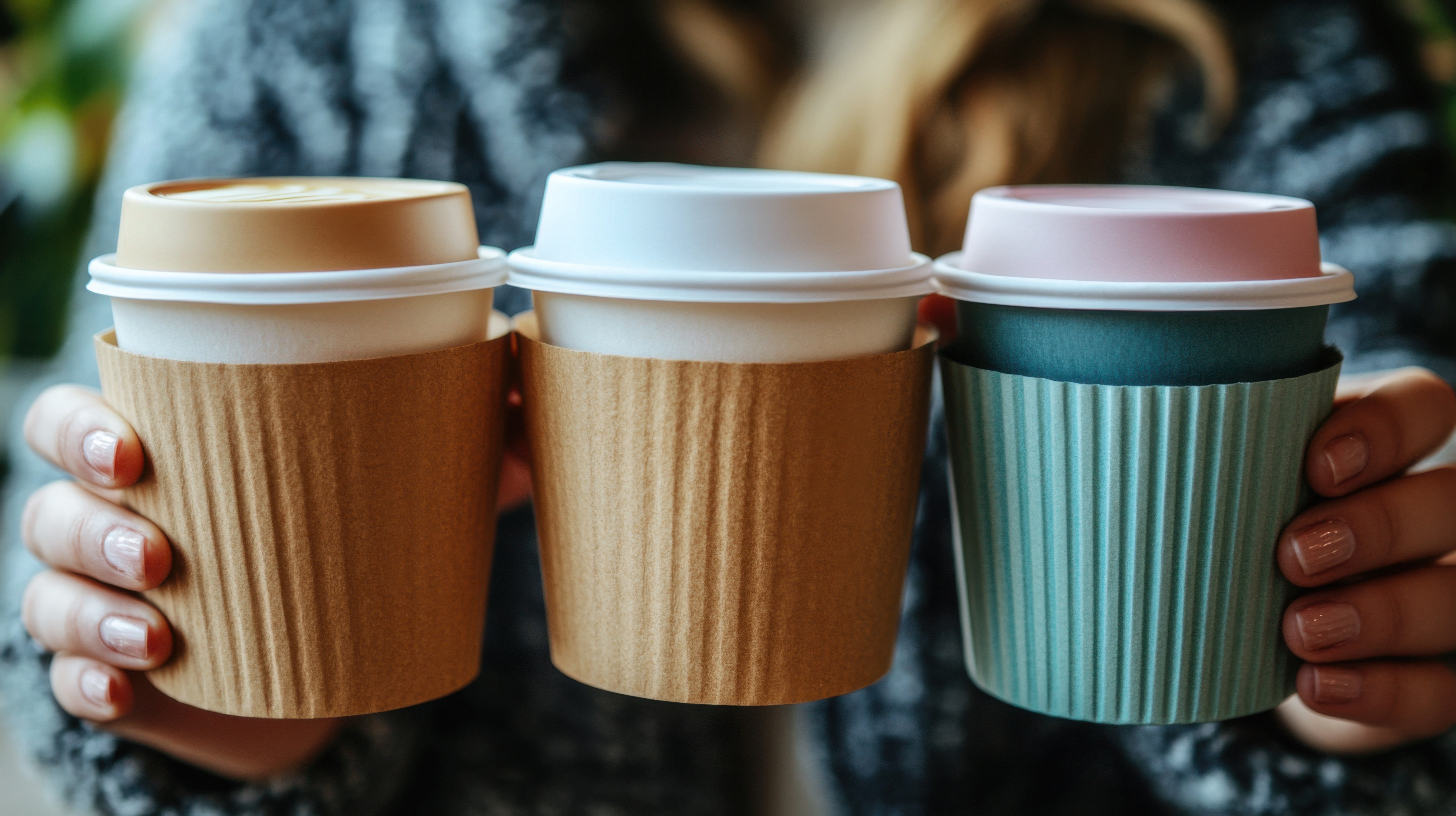 hands holding 3 to-go coffee cups 