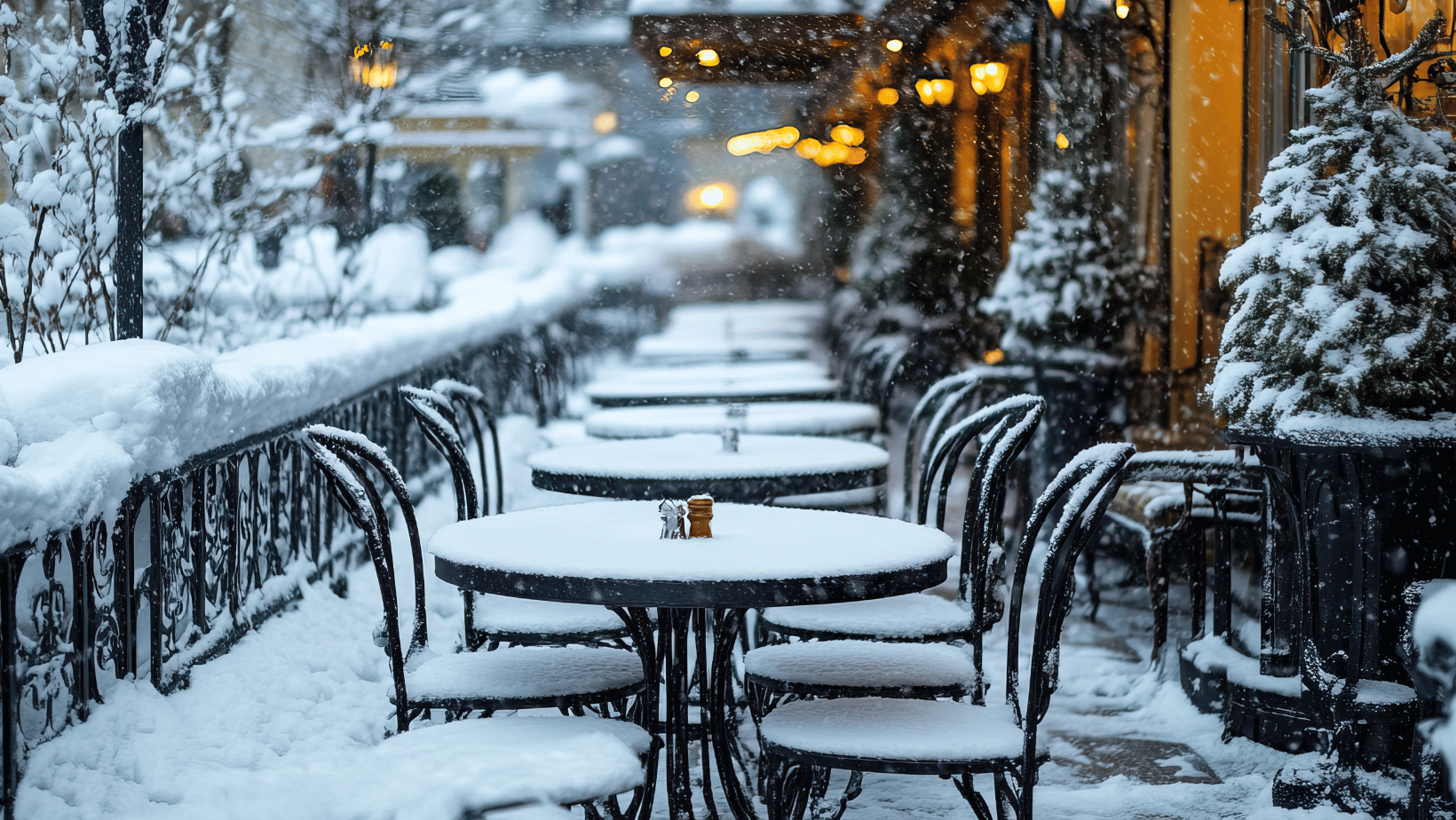 Empty restaurant terrace with tables covered in snow