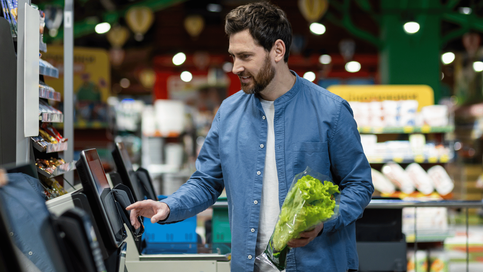 Shopper Uses Grocery Store Self Checkout