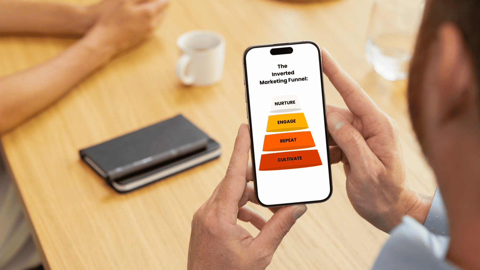 Restaurant owner looking at The Inverted Marketing Funnel on a mobile