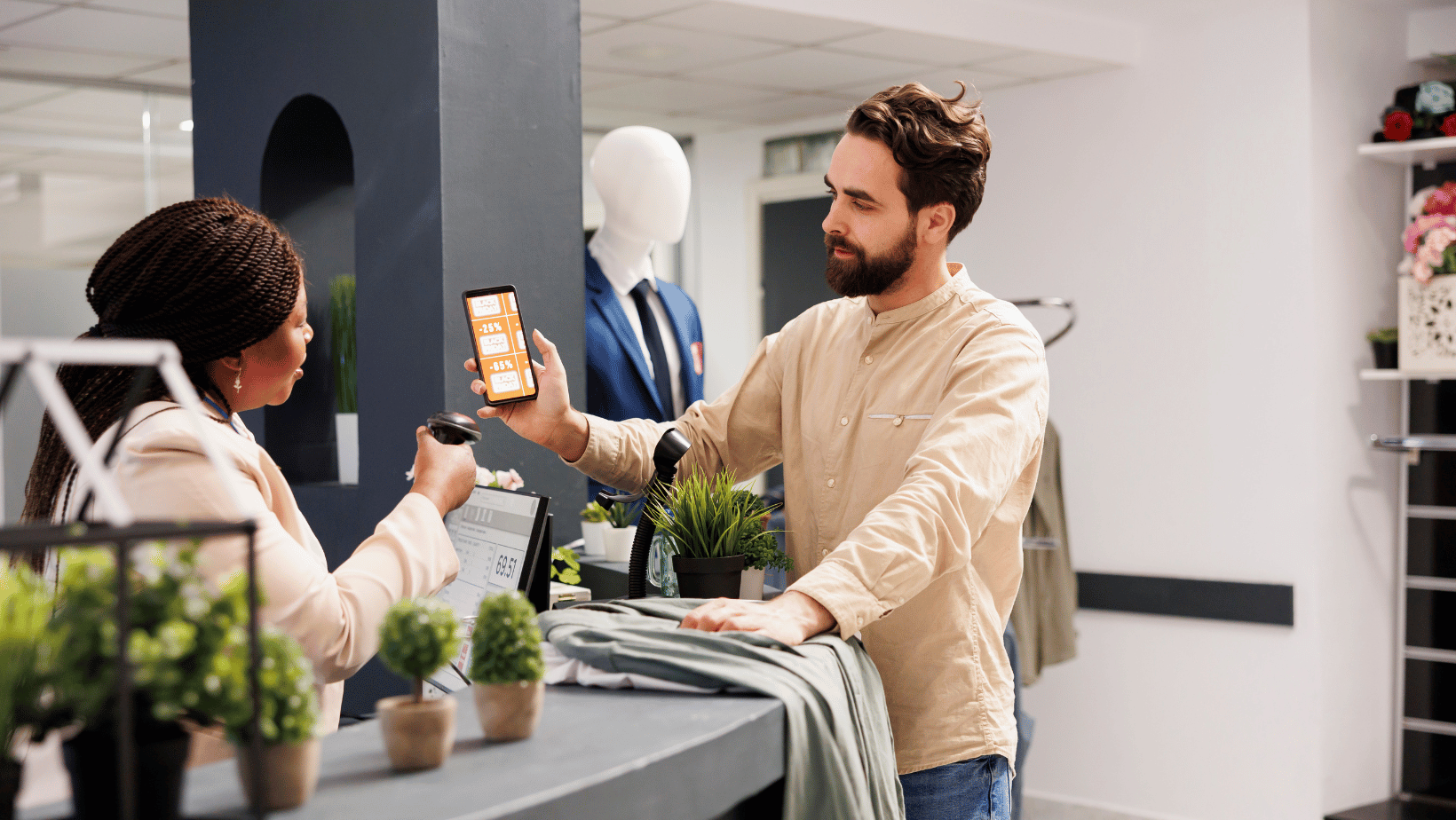 Shopper using a loyalty program to buy clothes